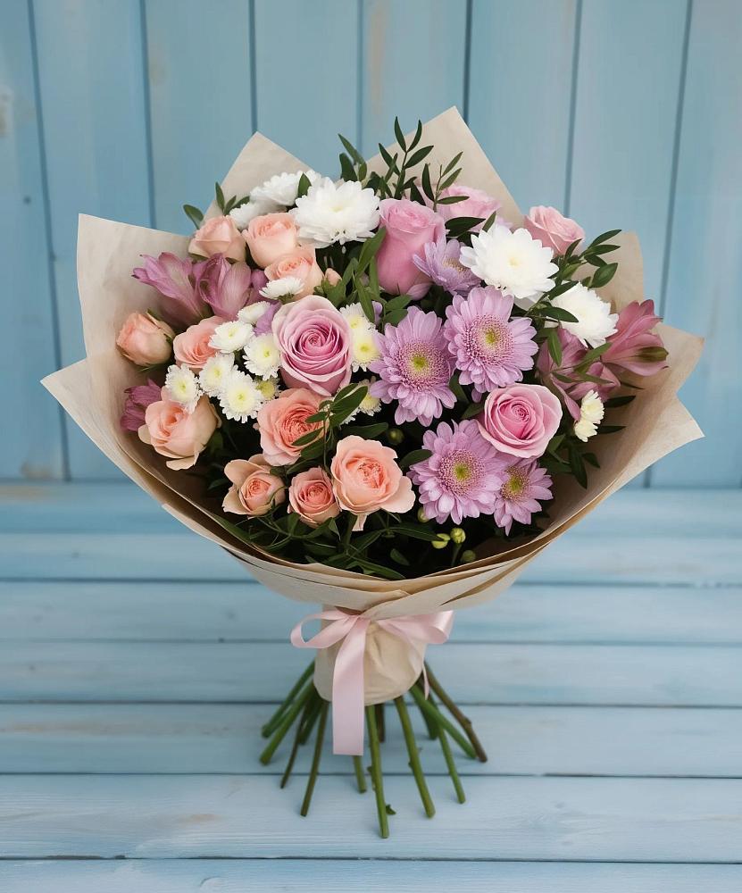 Букет цветов из: Хризантемы, Розы и Альстромерии в Константиновской Краснодарского края