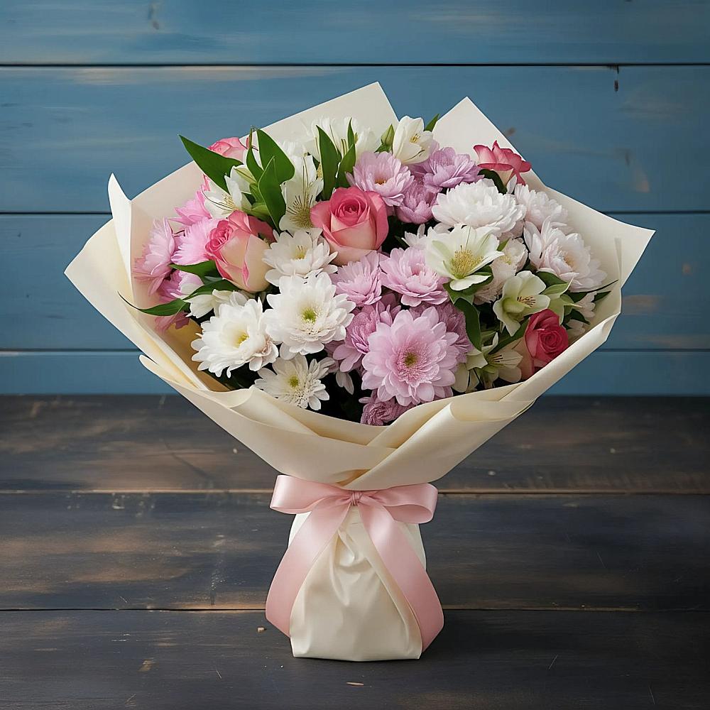 Букет цветов из: Хризантемы, Альстромерии и Розы в Константиновской Краснодарского края